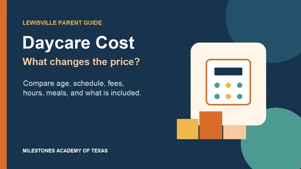 Illustrated calculator, clock, meal tray, and building blocks representing daycare cost factors in Lewisville
