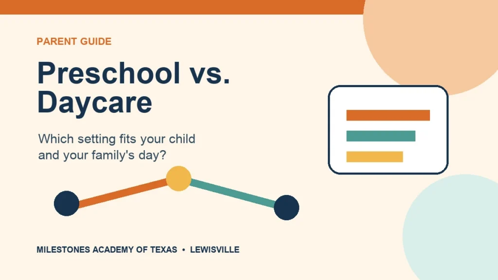 Illustrated path comparing preschool and daycare choices for Lewisville families