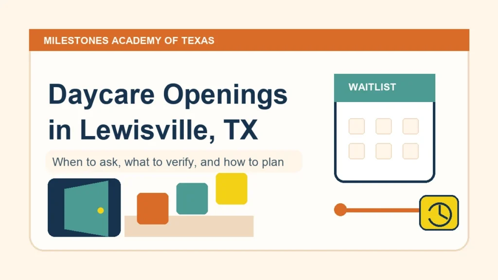 Illustrated daycare waitlist calendar, open door, and building blocks for Lewisville parents