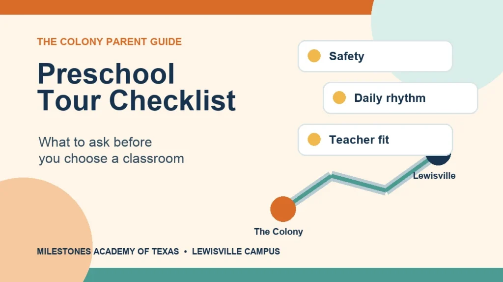 Illustrated preschool tour checklist for The Colony parents comparing safety, daily rhythm, and teacher fit