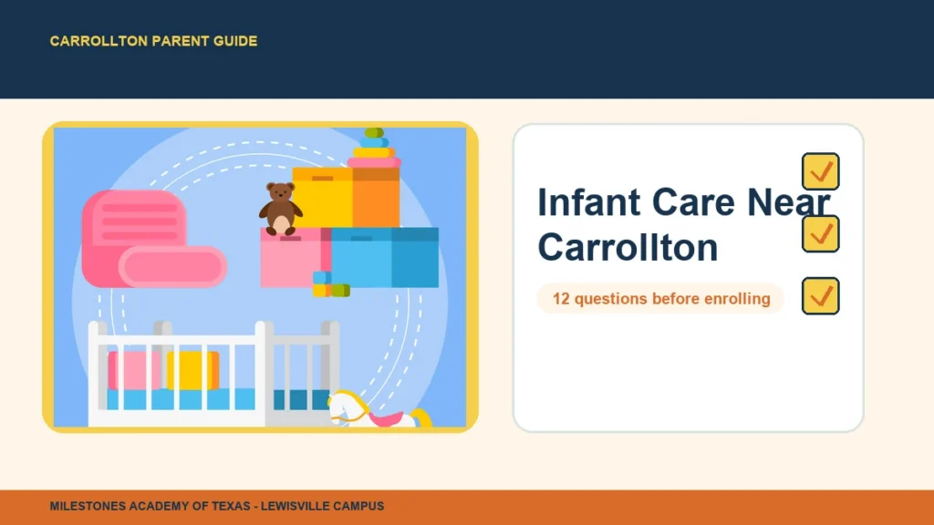 Illustrated nursery room and checklist for Carrollton parents comparing infant care