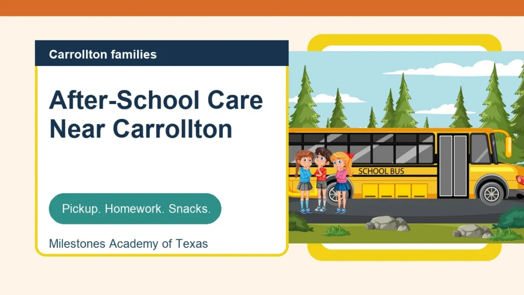 Illustrated school bus, clock, homework, and snack icons for Carrollton after-school care