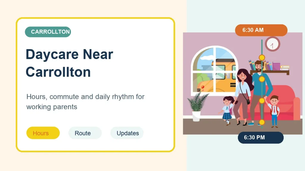 Illustrated Carrollton family commute, clock, and daycare checklist for working parents