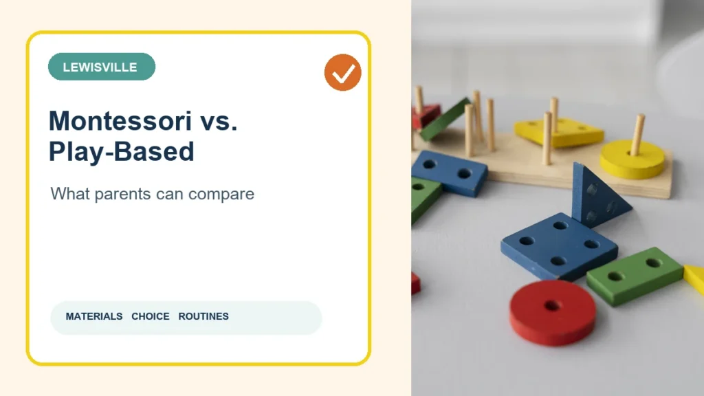 Wooden learning materials beside a Montessori versus play-based preschool guide