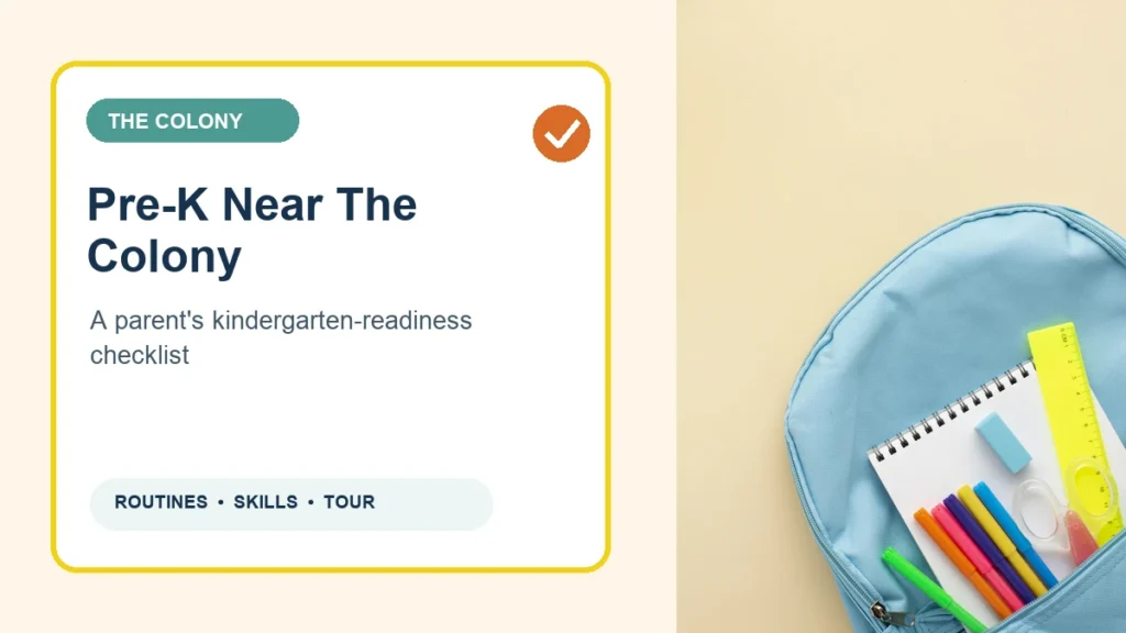 Blue backpack and colorful school supplies beside a Pre-K readiness checklist title