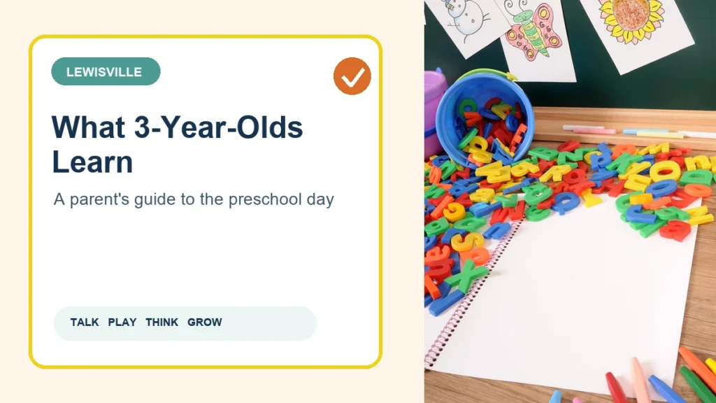Colorful alphabet letters, crayons and drawings beside a guide to preschool learning for 3-year-olds